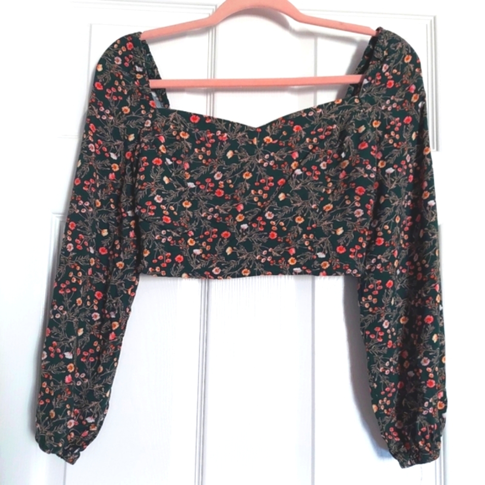 Inspired Hearts green floral 2 piece long-sleeve crop top and skirt set